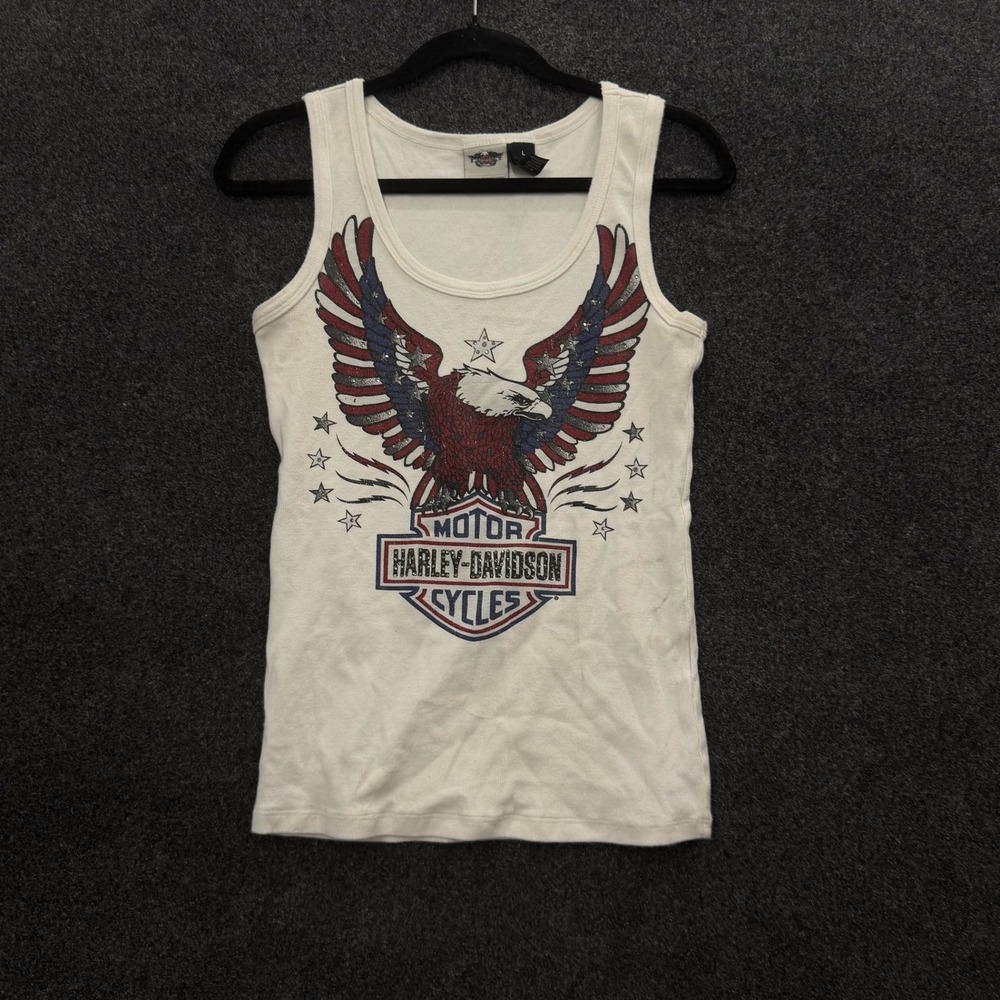 Vintage Harley-Davidson Eagle Rhinestone Ribbed Tank Top White Large USA Made